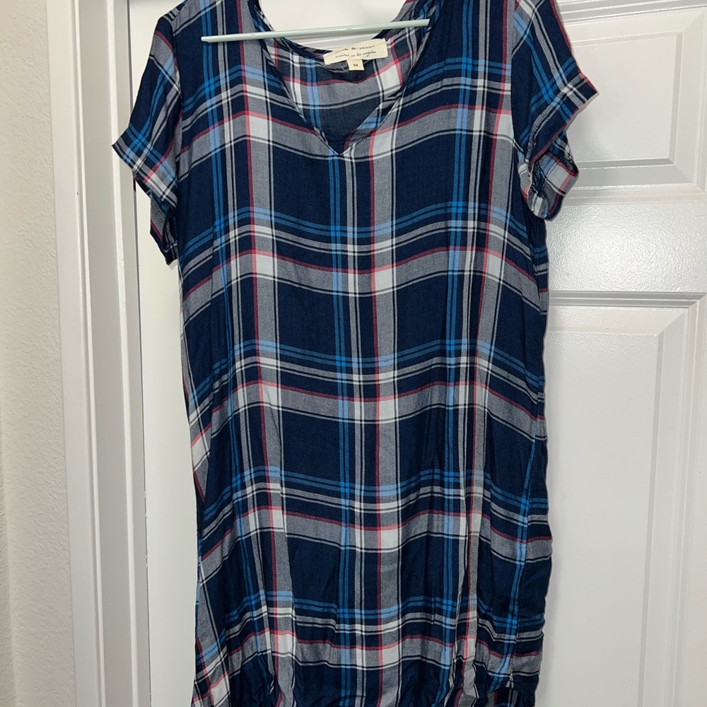 Cloth & Stone Anthropologie Blue Plaid Gingham Hi Low Dress size Medium M